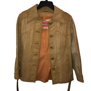 VTG Ms Pioneer Womens Sz 10 Beige Leather Button Up Western Jacket Coat Hippie